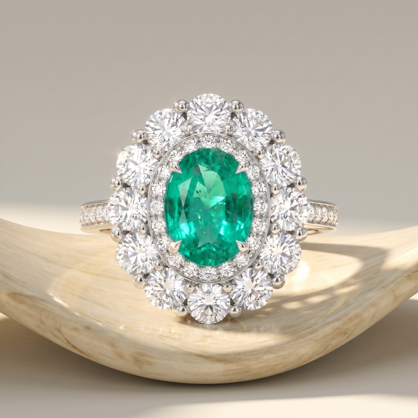 Velara Double Halo Ring – Colombian Green Emerald