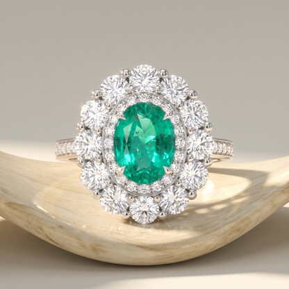 Velara Double Halo Ring – Colombian Green Emerald