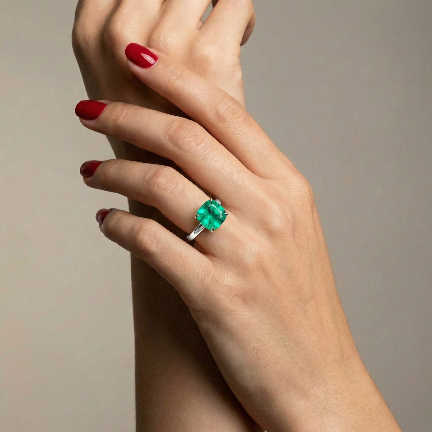 Aria Cushion Solitaire Ring – Colombian Green Emerald