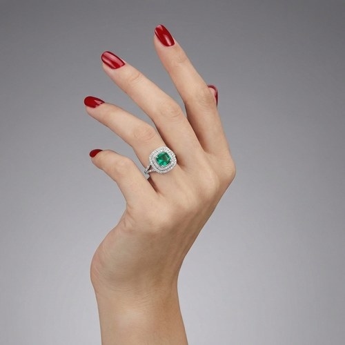 Aria Double Halo Ring – Colombian Green Emerald