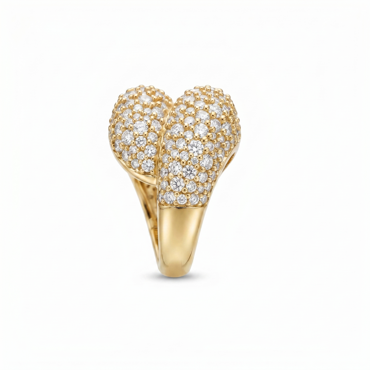 Double domed sculptural large statement ring, fully diamond pave. Large ring, mosaic pave, yellow gold and diamonds. Cutout product photo on a white background.