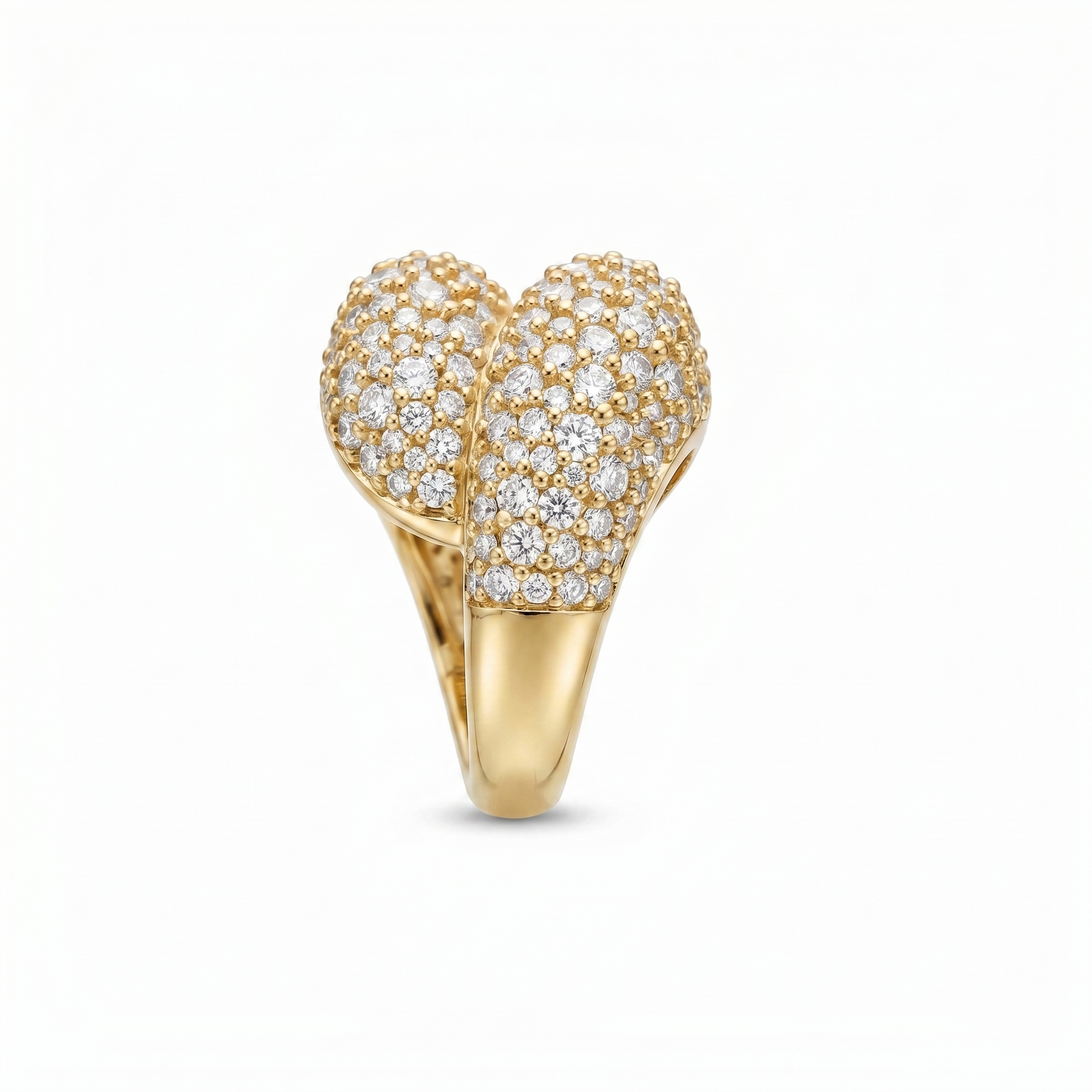 Double domed sculptural large statement ring, fully diamond pave. Large ring, mosaic pave, yellow gold and diamonds. Cutout product photo on a white background.
