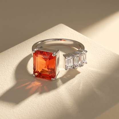 Open ring with a orange sapphire and three diamond side stones on a beige background; all gemstones are emerald cut