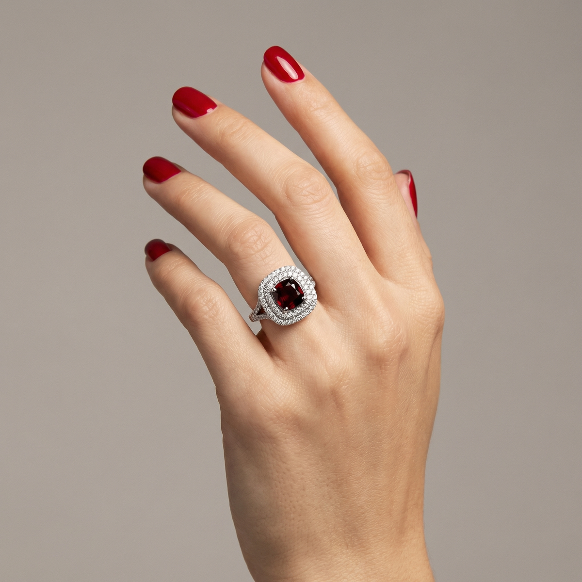 Aria Double Halo Ring – Deep Red Garnet