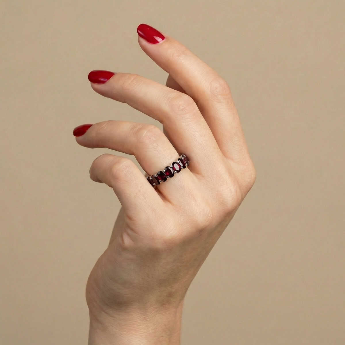 Velara Eternity Ring – Deep Red Garnet