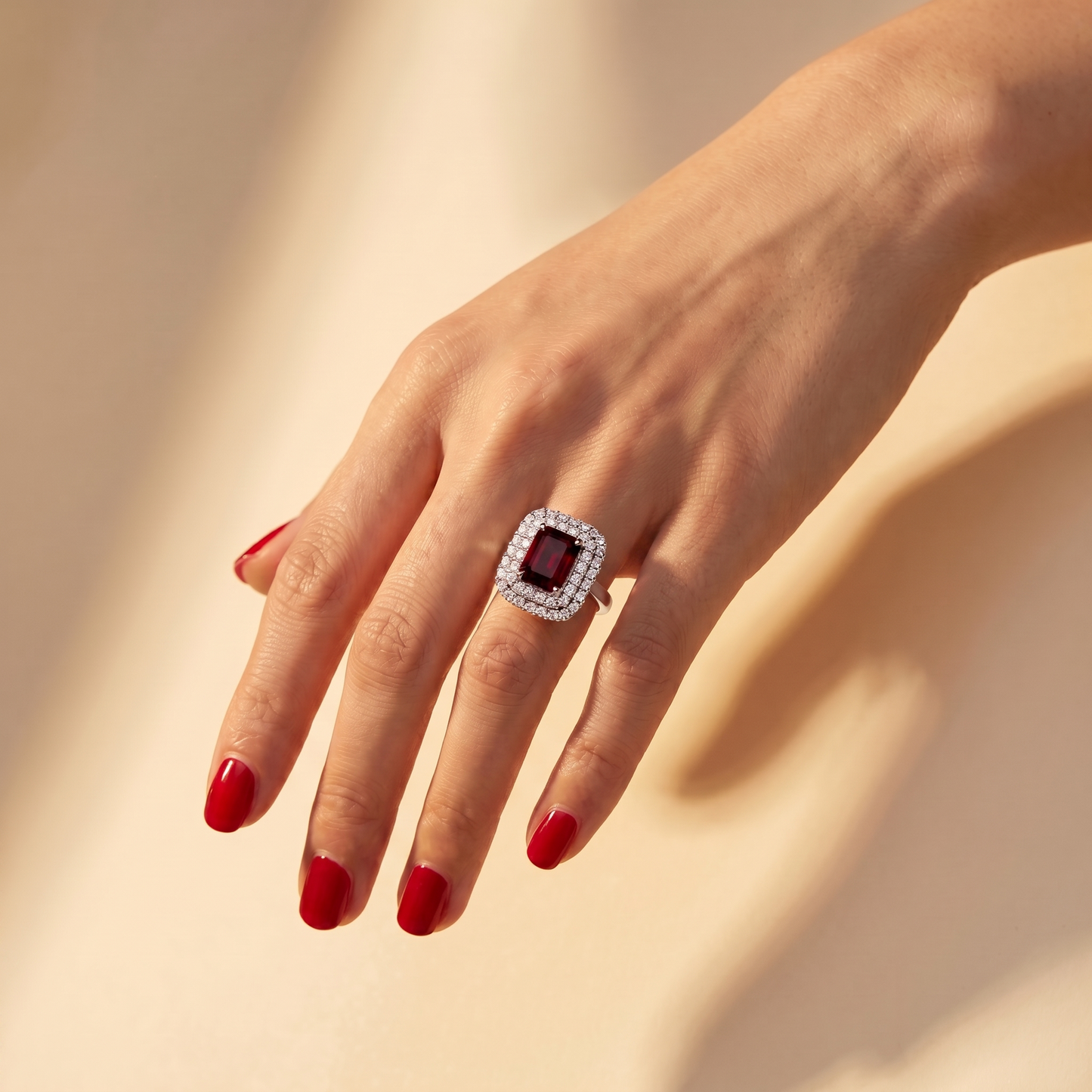 Nexus Double Halo Ring – Deep Red Garnet