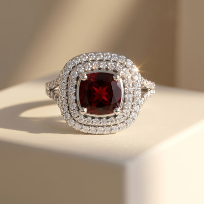 Aria Double Halo Ring – Deep Red Garnet