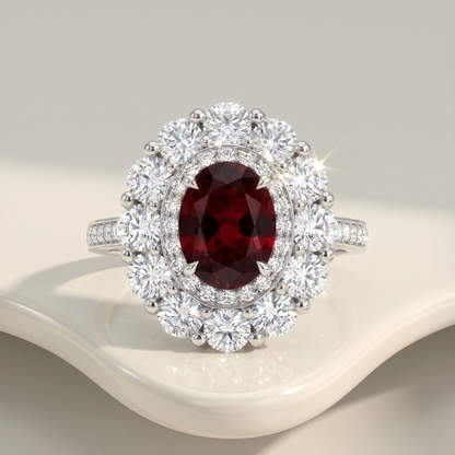 Velara Double Halo Ring – Deep Red Garnet