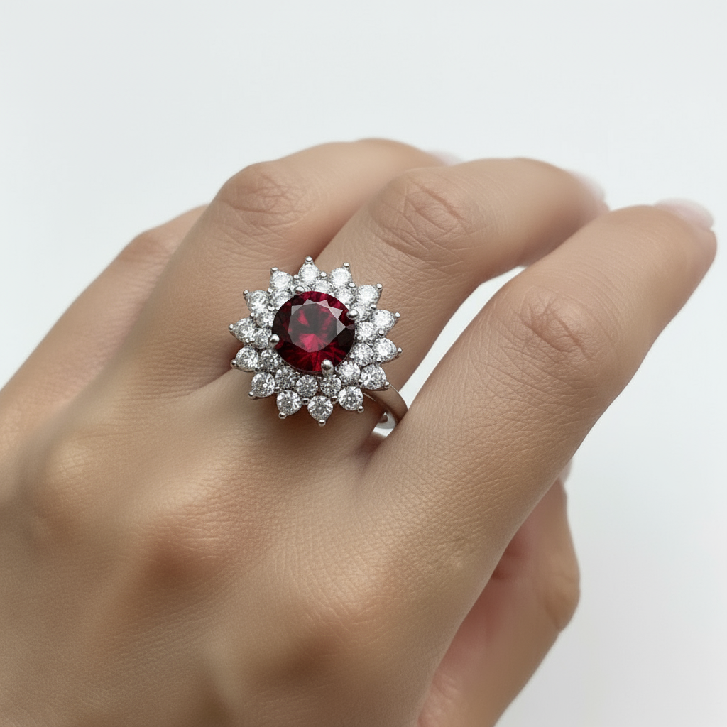 Juno Flower Ring – Deep Red Garnet