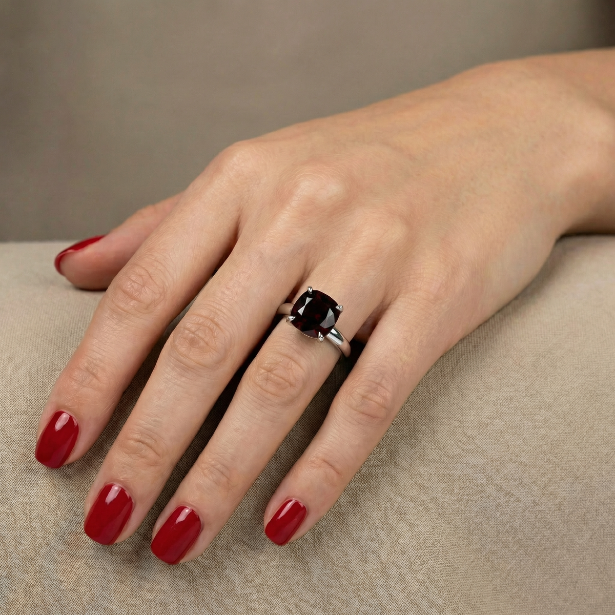 Aria Cushion Solitaire Ring – Deep Red Garnet