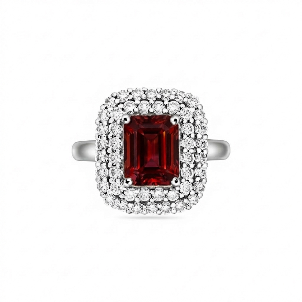 Nexus Double Halo Ring – Deep Red Garnet