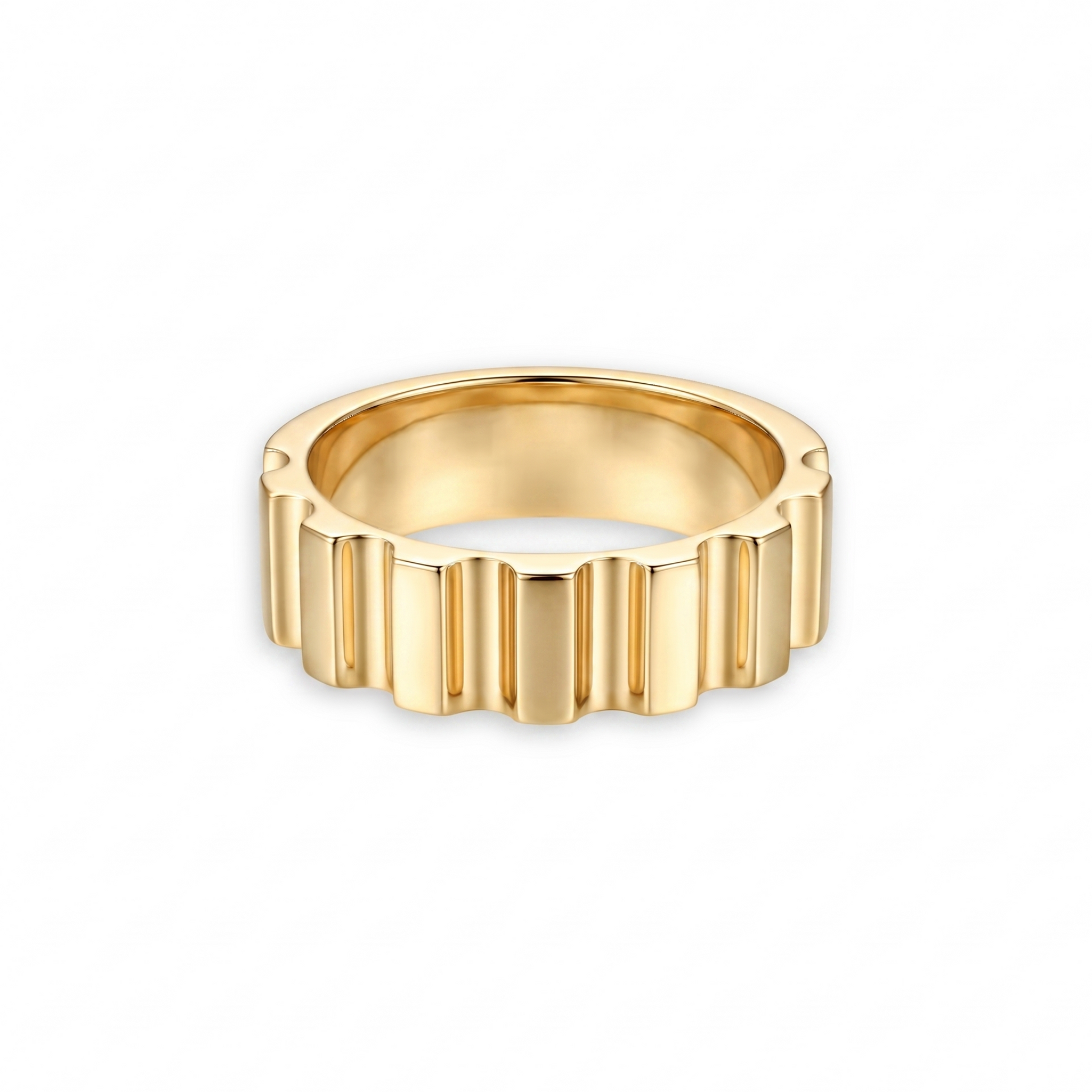 Gold ring with a textured design, gear like appearance on a white background