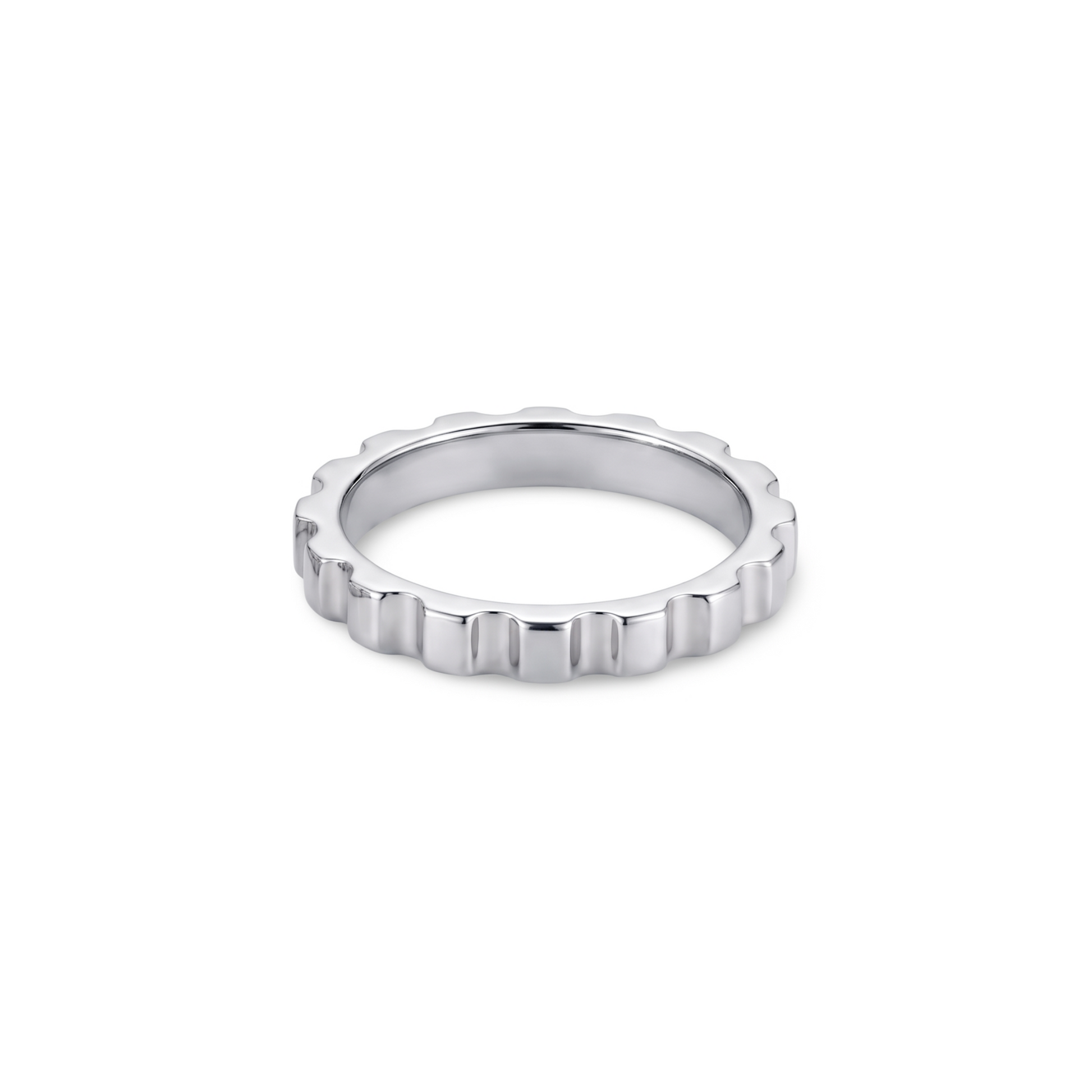 white gold ring with a textured band with ridges looking like a gear; ring is presented on a white background