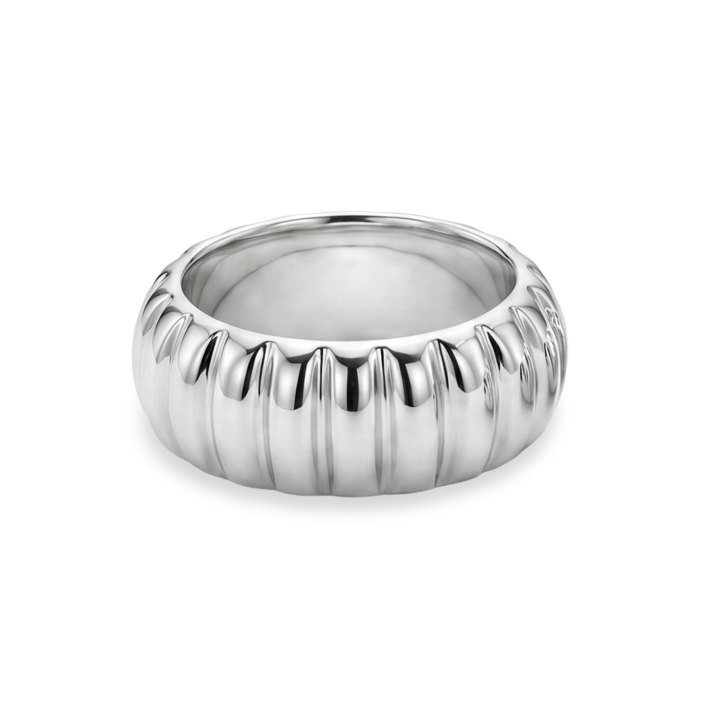 white gold ring with a ribbed texture on a white background