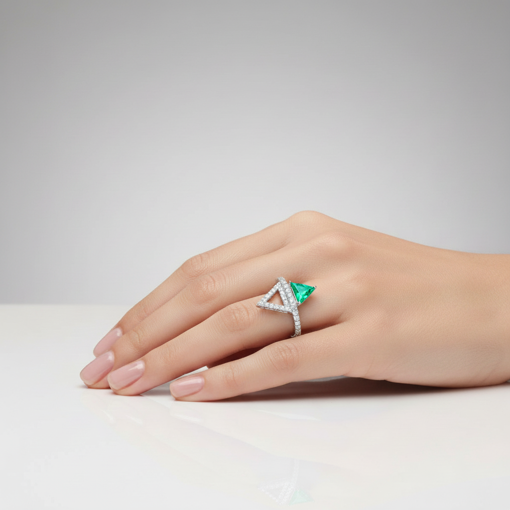 Aria Delta Ring – Colombian Green Emerald
