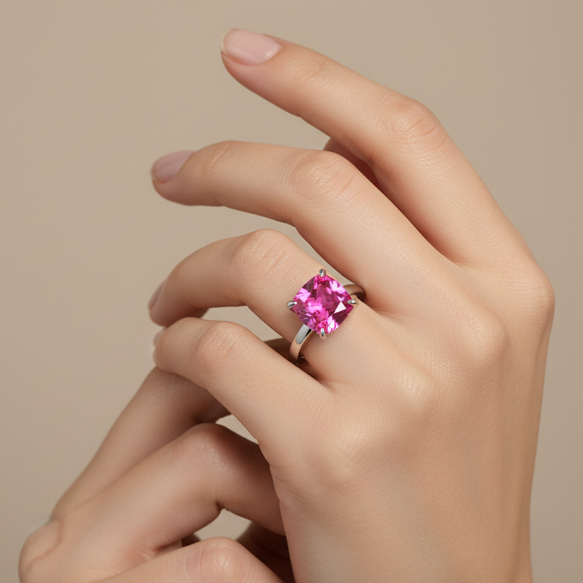 Aria Cushion Solitaire Ring – Vivid Pink Sapphire