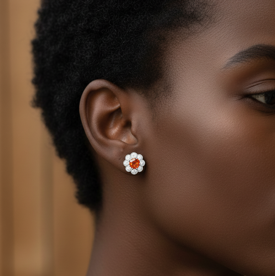 Close-up of a person wearing a floral earring with a orange sapphire middle and diamond petals.