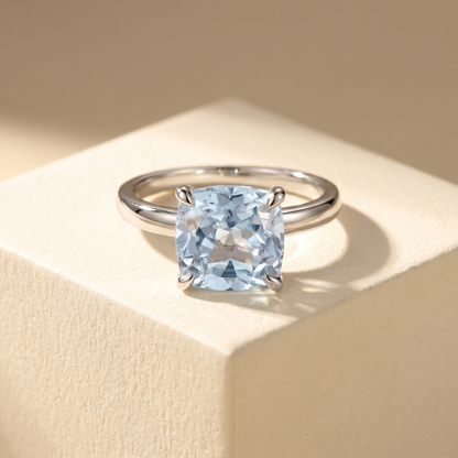 Aria Cushion Solitaire Ring – Light Blue Aquamarine