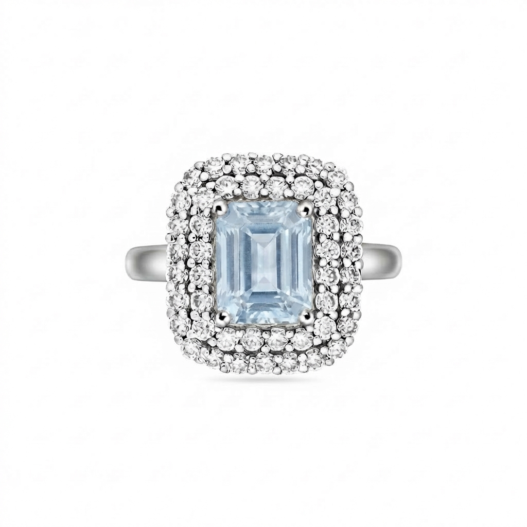 Nexus Double Halo Ring – Light Blue Aquamarine