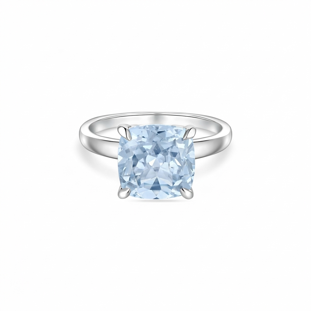Aria Cushion Solitaire Ring – Light Blue Aquamarine