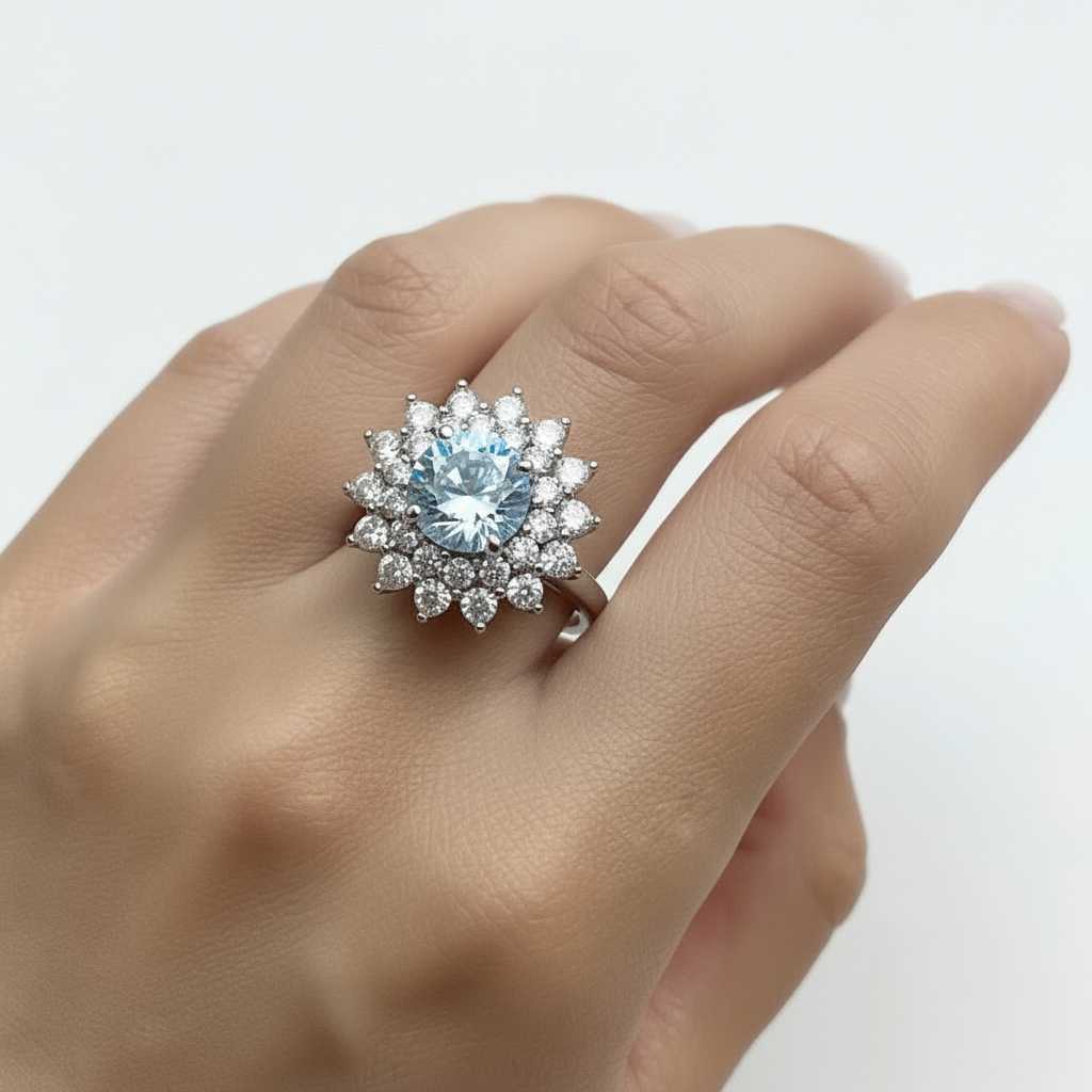 Juno Flower Ring – Light Blue Aquamarine