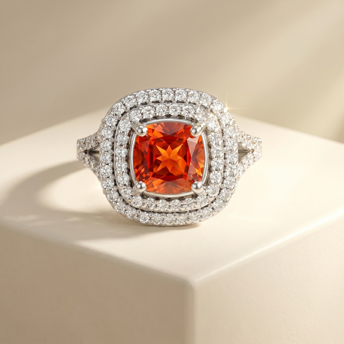 Aria Double Halo Ring – Orange Padparadscha Sapphire