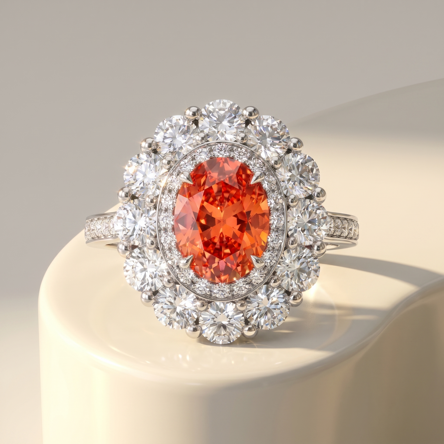 Velara Double Halo Ring – Orange Padparadscha Sapphire