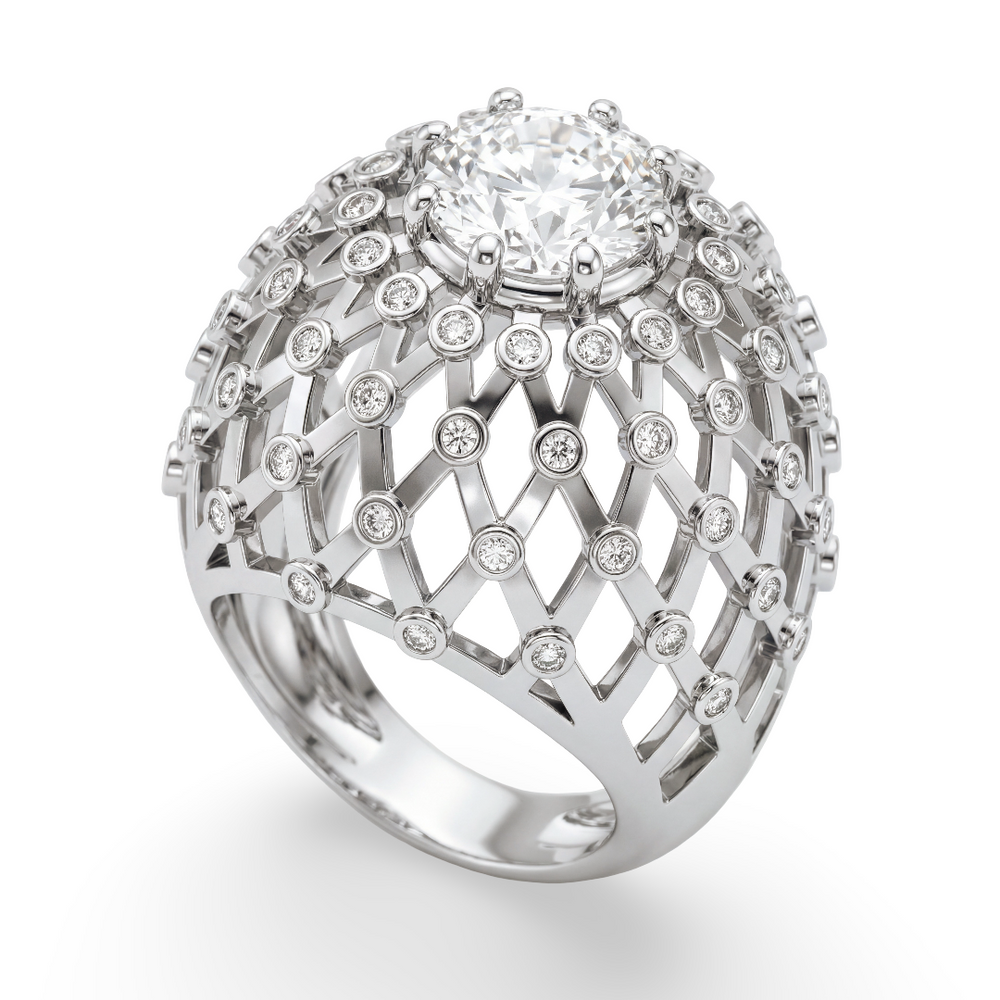 White gold ring with diamond lattice design on a white background
