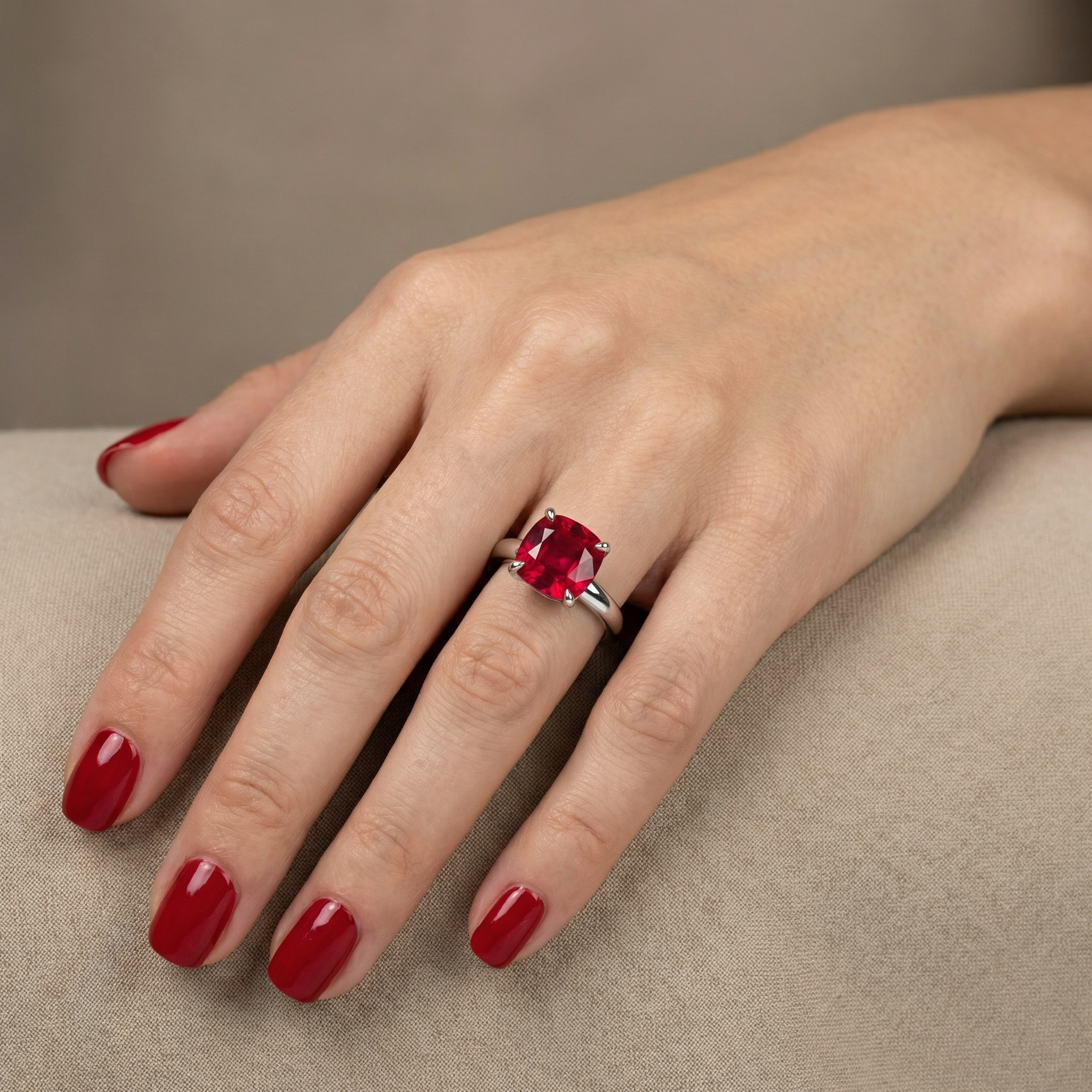 Aria Cushion Solitaire Ring – Red Ruby