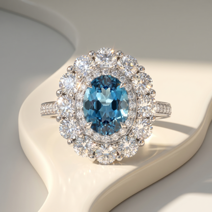 Velara Double Halo Ring – Teal Blue Spinel