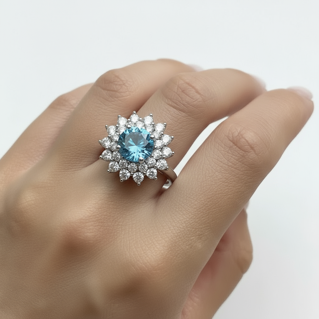 Juno Flower Ring – Teal Blue Spinel