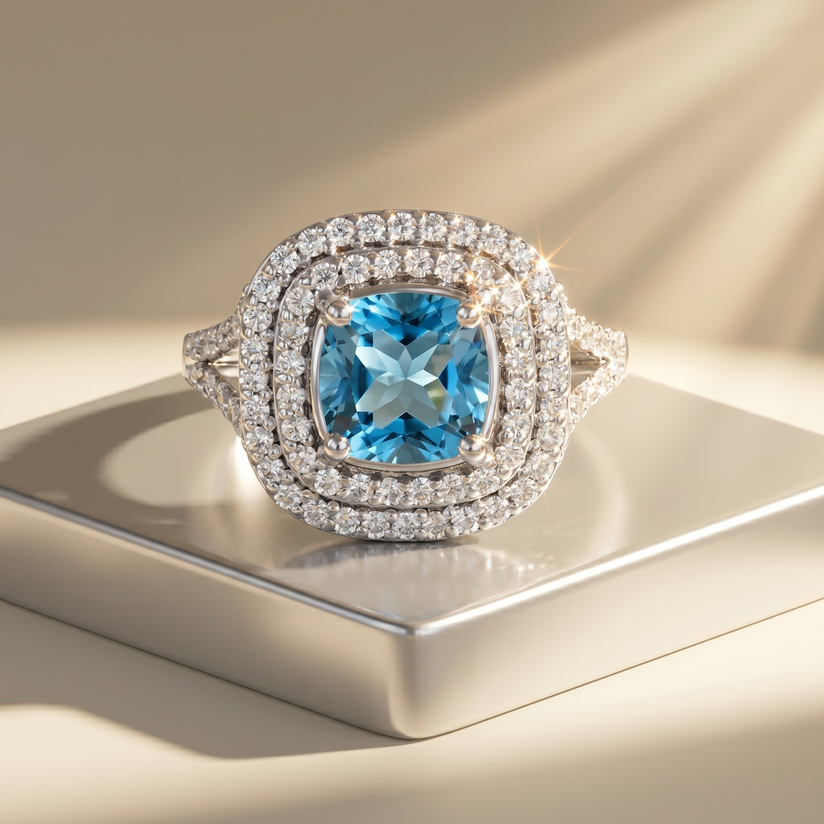 Aria Double Halo Ring – Teal Blue Spinel