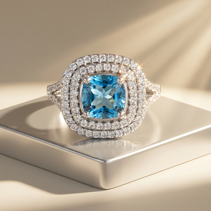 Aria Double Halo Ring – Teal Blue Spinel