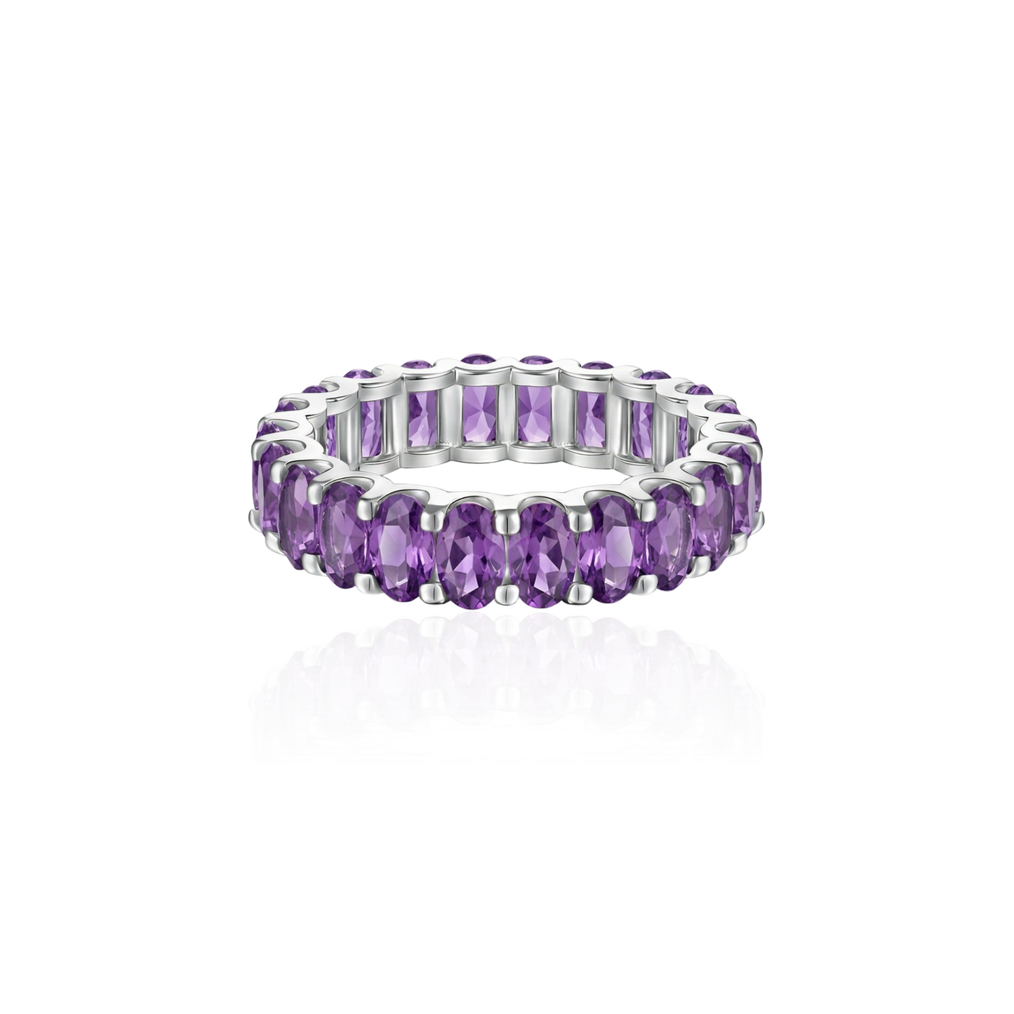 white gold eternity ring with purple amethyst on a white background
