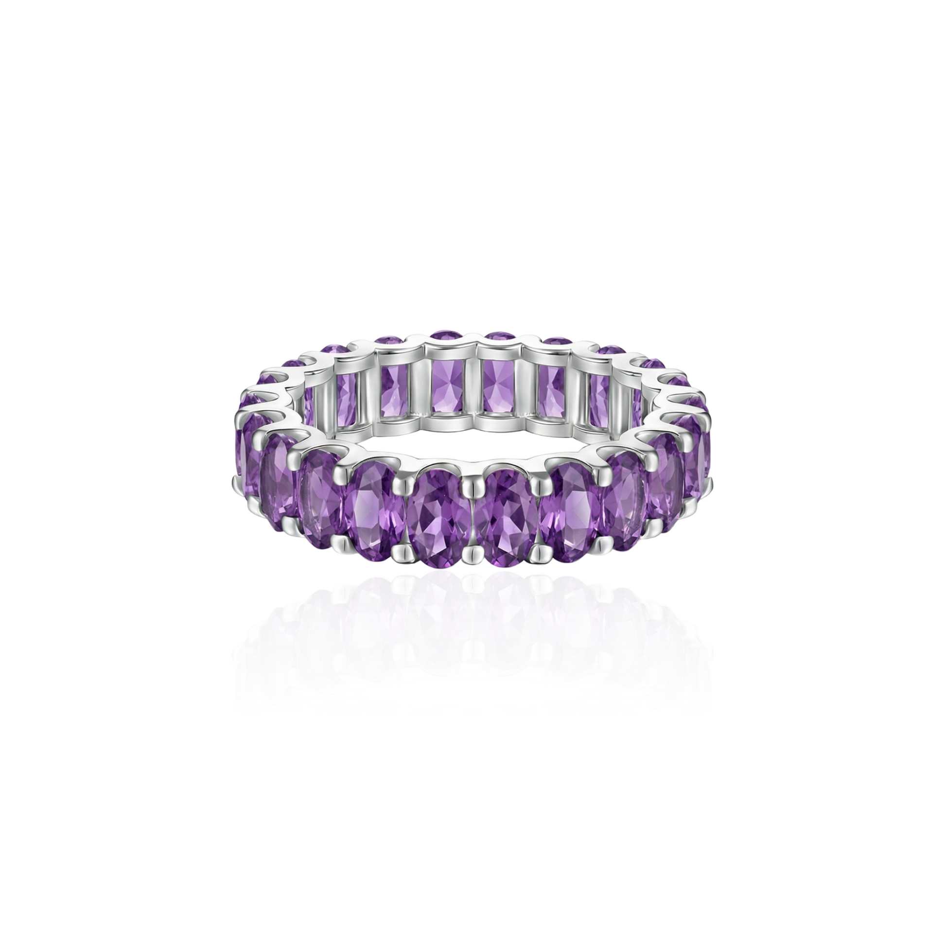 white gold eternity ring with purple amethyst on a white background