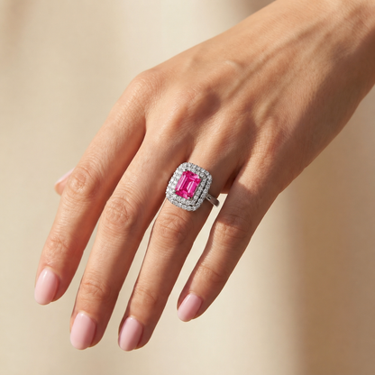 Nexus Double Halo Ring – Vivid Pink Sapphire