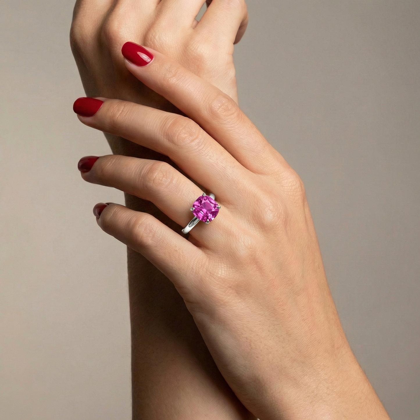 Aria Cushion Solitaire Ring – Vivid Pink Sapphire