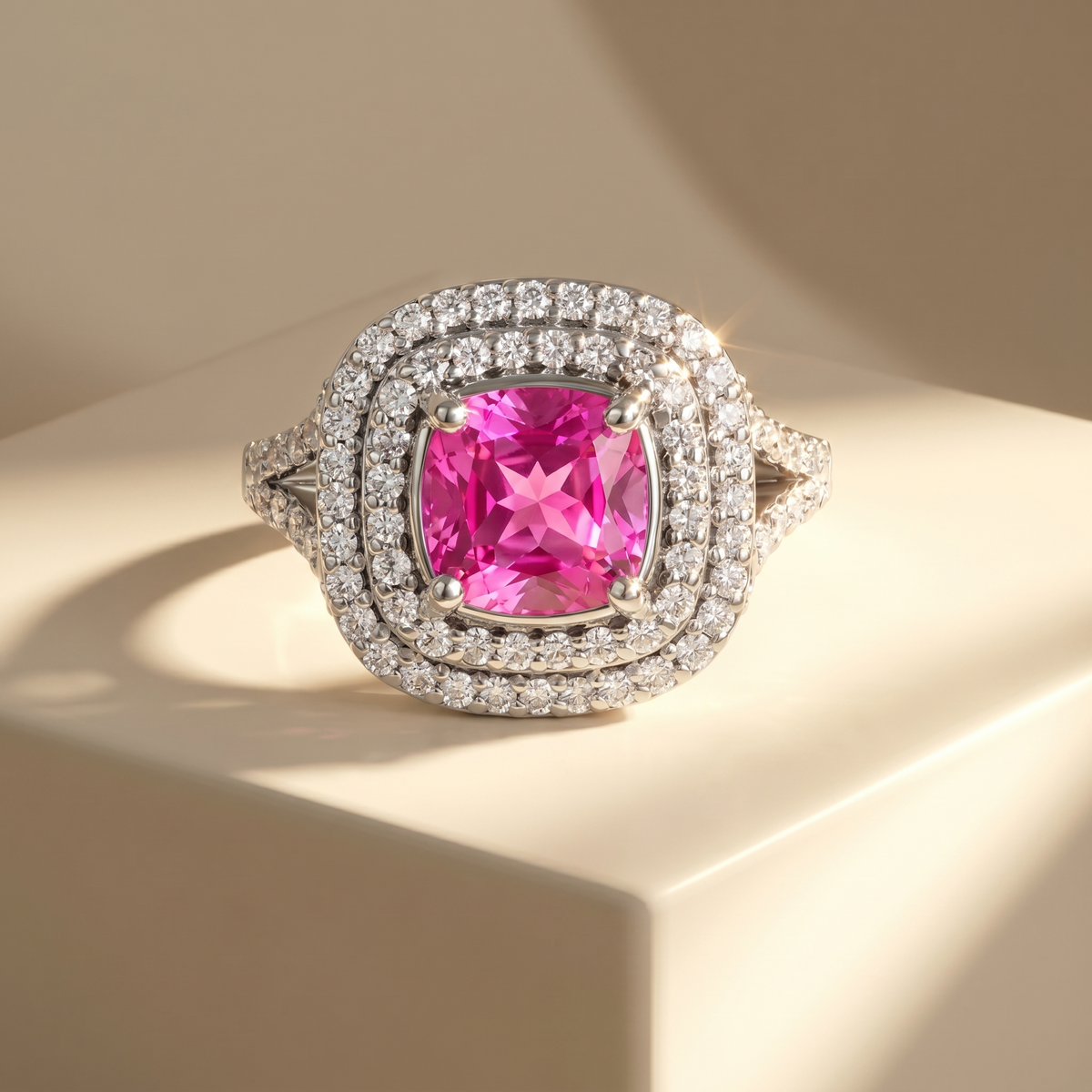 Aria Double Halo Ring – Vivid Pink Sapphire