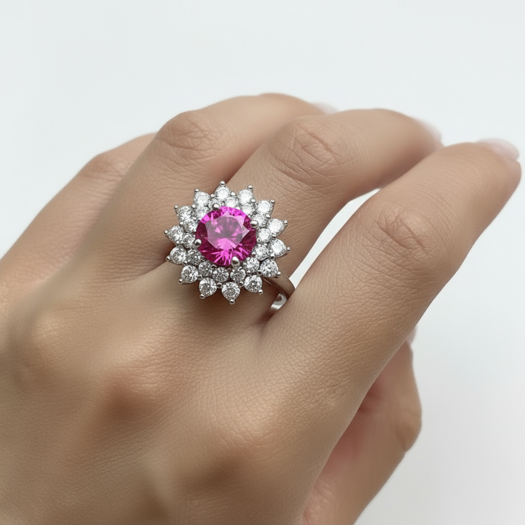 Juno Flower Ring – Vivid Pink Sapphire