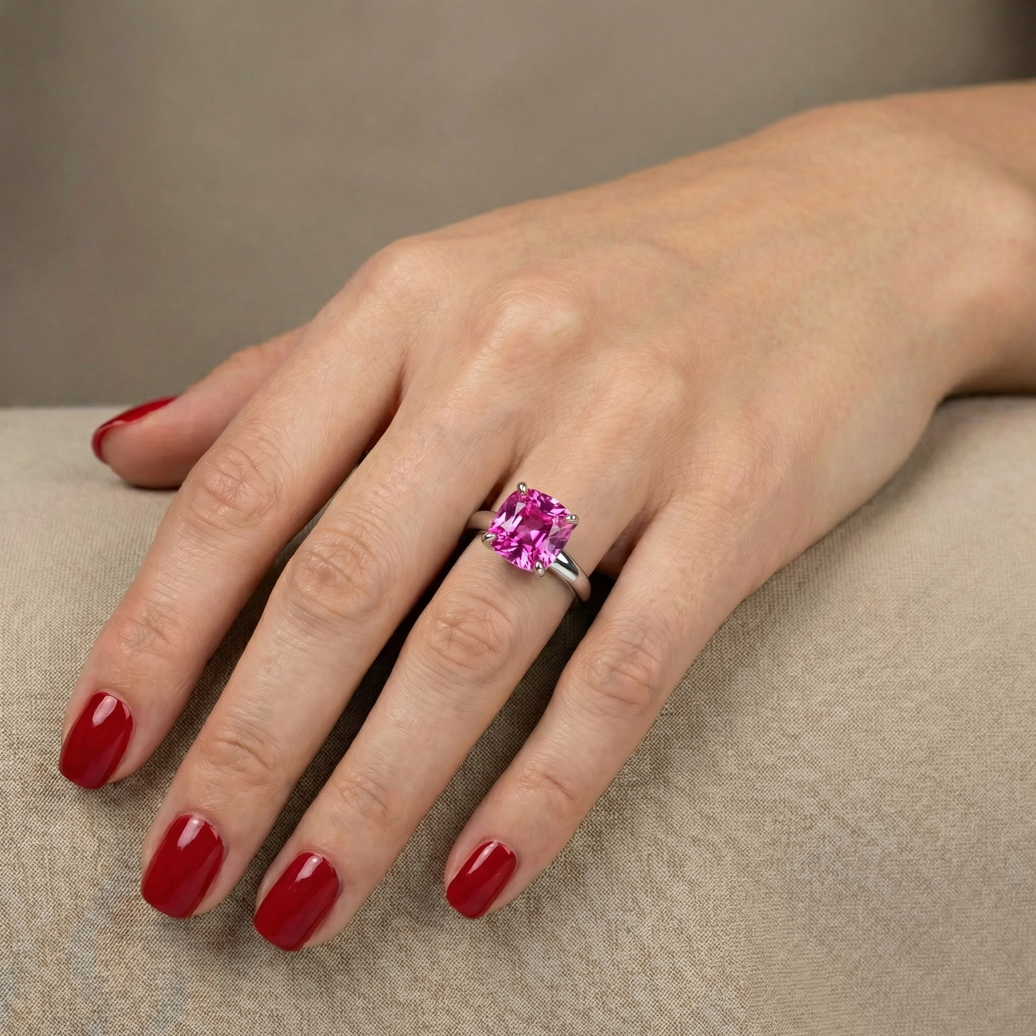 Aria Cushion Solitaire Ring – Vivid Pink Sapphire