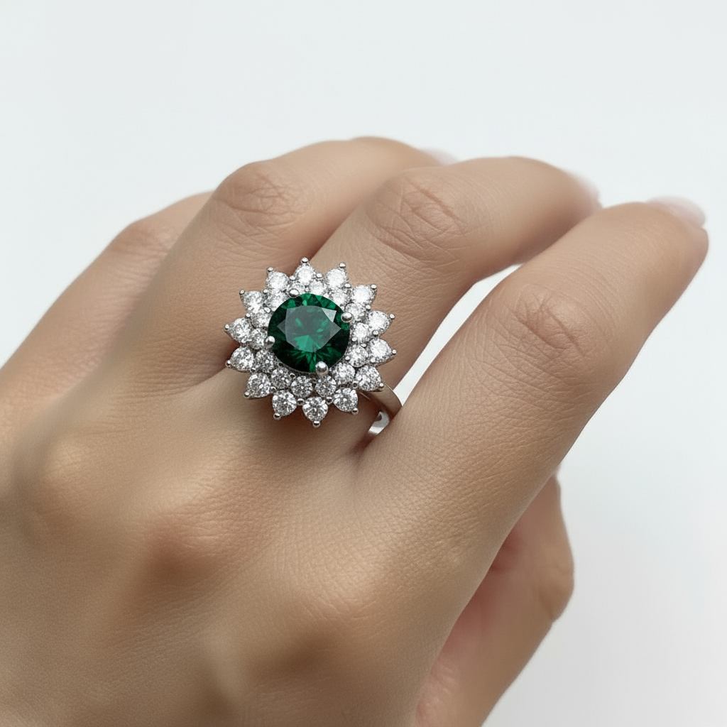 Juno Flower Ring – Zambian Green Emerald