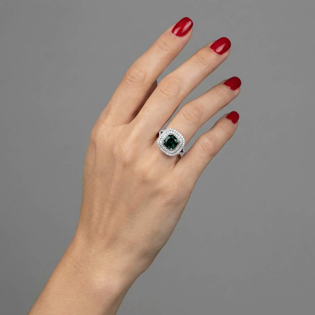 Aria Double Halo Ring – Zambian Green Emerald