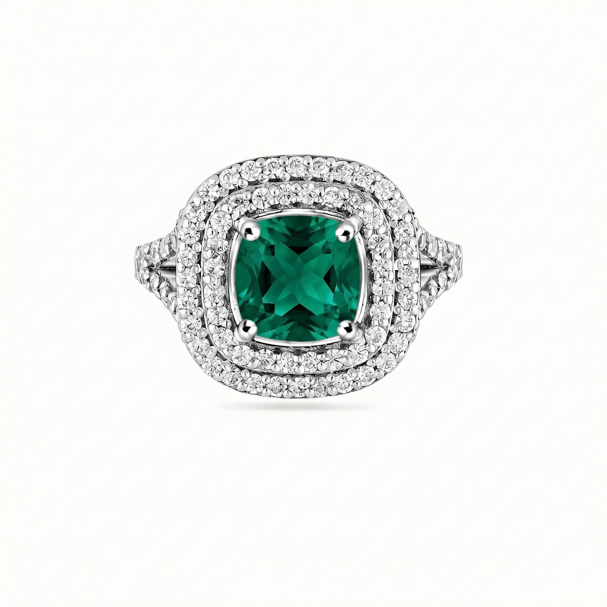 Aria Double Halo Ring – Zambian Green Emerald