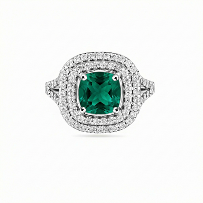 Aria Double Halo Ring – Zambian Green Emerald