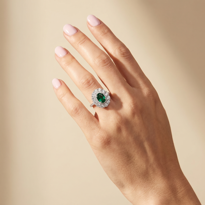 Velara Double Halo Ring – Zambian Green Emerald