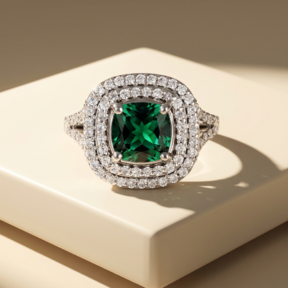 Aria Double Halo Ring – Zambian Green Emerald